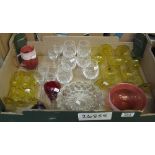 Box of assorted coloured and clear glass including; drinking vessels, ashtray,