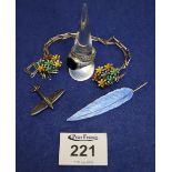 A box of assorted silver and white metal jewellery, including blue enamelled feather brooch. (B.P.