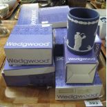 Two trays of Wedgwood Jasperware items, various colours to include; biscuit barrel, waisted vases,