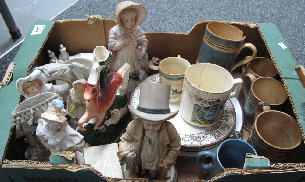 Box of assorted china to include; 19th Century Mocha ware tankards or mugs, other 19th Century mugs,