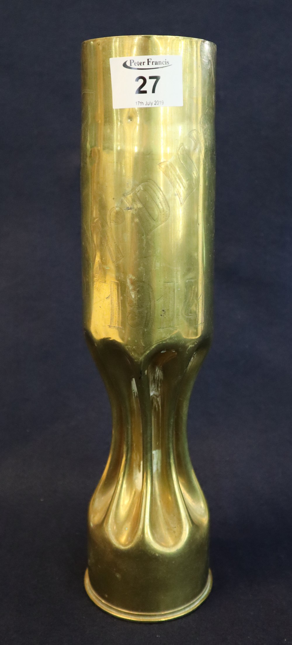 Trench art, engraved and shaped shell case vase marked 'Verdun 1914'. (B.P. 24% incl.