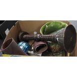 Box of assorted items to include; leather gaiters, oil burner with blue reservoir,