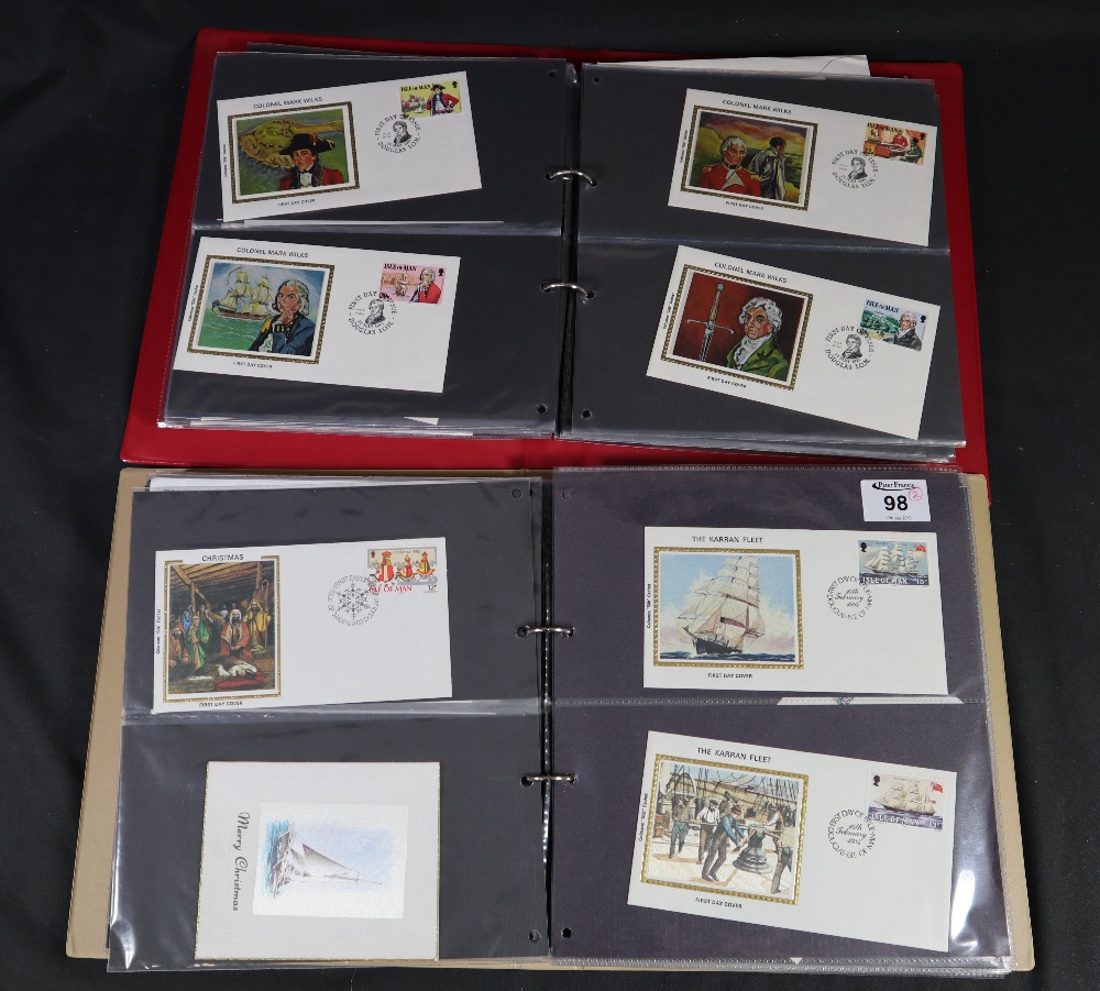 Isle of Man collection of various silk First Day covers in two red albums. (B.P. 24% incl.