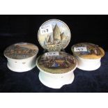 Three transfer printed pot lids with jars,