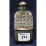 Silver mounted hobnail cut glass hip flask with hinged cover and cup base. Sheffield hallmarks. (B.