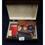Victorian rosewood jewellery box with mother of pearl escutcheons containing Royal and Ancient