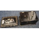 Victorian papier mache mother of pearl inlaid tea caddy with floral decoration and hinged cover