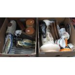 Two boxes of assorted items to include; jugs, canisters, glass vase, stoneware bottles etc. (2) (B.