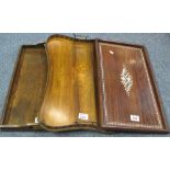 Edwardian inlaid mahogany gallery tray, together with two other wooden trays. (3) (B.P. 24% incl.