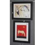 Three equestrian furnishing pictures to include; watercolour study of a galloping Welsh Cob.