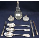 Assorted silver and silver mounted items to include; cut glass silver mounted salt and pepper,