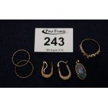 Two pairs of yellow metal earrings, a sapphire 9ct ring and an opal pendant. Approx total weight 4.