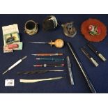 Collection of writing and similar implements to cylindrical ruler, pencils, quill pen,
