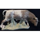 Lladro porcelain study of a bull on naturalistic base. Printed marks, 32cm long approx. (B.P.