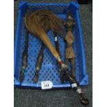 Box containing souvenir tribal items to include; carved figure, fork,