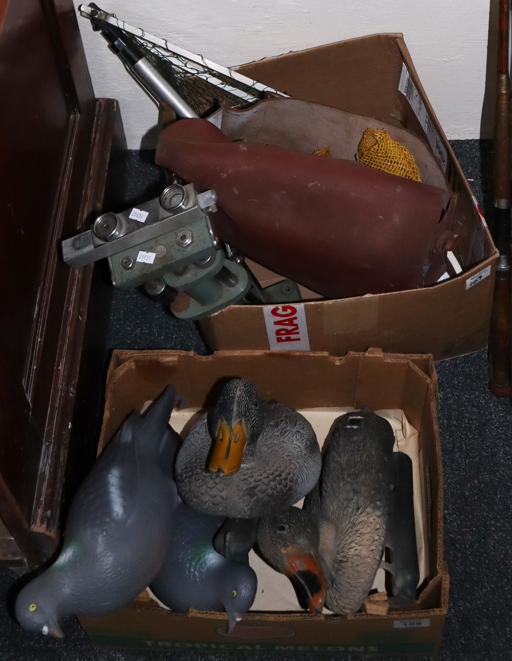 Collection of shooting and fishing items to include; a group of plastic pidgeon and duck decoys,