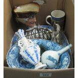 Box of assorted items to include; large blue and white meat dish, 19th Century mocha jug,