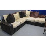 Modern leather and upholstered corner sofa with cushions. (B.P. 24% incl.