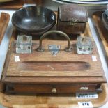 Early 20th Century oak desk inkwell set,