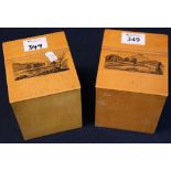 Pair of Mauchline ware tea caddies of square form marked; 'Lock Leven Castle' & 'Ben Lomond'.