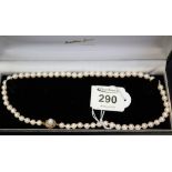 String of cultured pearls with a 9ct gold pearl set clasp. (B.P. 24% incl.