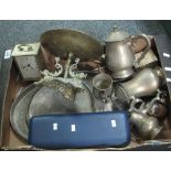 Box of assorted metalware to include; silver plated trays, fish knife and fork set cased etc.