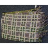 Double size vintage green and grey Welsh tapestry blanket with fringed edges and 'Pure New Wool,