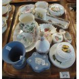 Tray of assorted china to include; Coalport, Wedgwood and other trinket boxes and covers, pin trays,