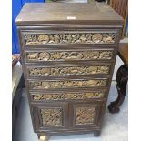 Modern Chinese hardwood straight front narrow chest of five drawers and two blind panelled doors