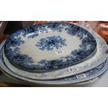 Four blue and white transfer printed oval meat dishes, varying designs. (B.P. 24% incl.