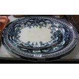 Three graduated Art Nouveau design transfer printed blue and white oval meat dishes,