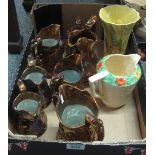 Box of assorted china to include; assorted copper lustre dresser jugs,