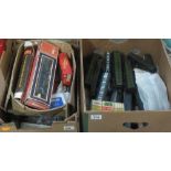 Two boxes of assorted rolling stock to include; locomotives, carriages,