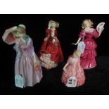 Four Royal Doulton bone china figurines to include; 'Miss Demure' HN1402, 'Rose' HN1368,
