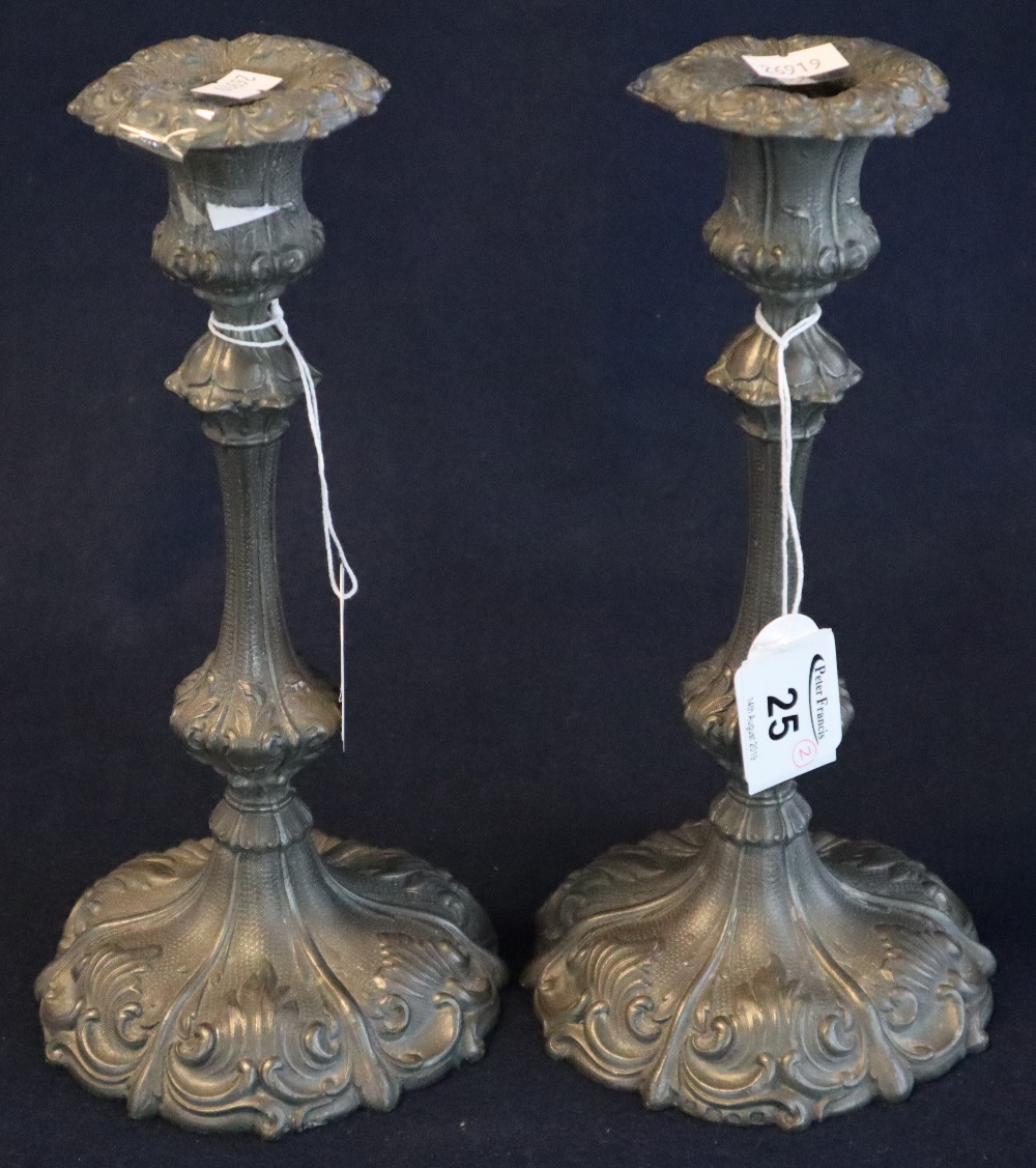 Pair of 18th Century style pewter repousse baluster candlesticks with removable sconces.