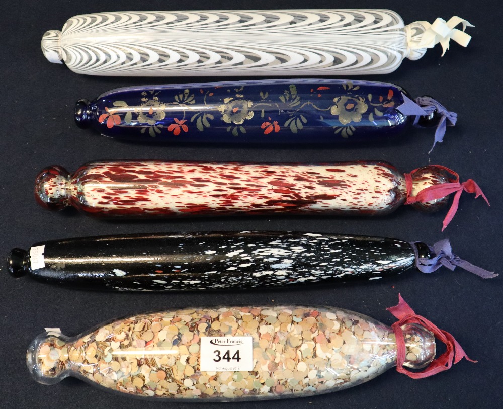 Collection of five vintage glass rolling pins to include Nailsea,