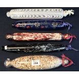 Collection of five vintage glass rolling pins to include Nailsea,