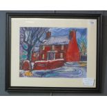 Dorian Spencer-Davies (Welsh contemporary), 'Red house', signed and inscribed verso, watercolours.