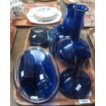 A tray of assorted Bristol blue glass items to include; a carafe, baluster decanter,