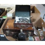 Box of oddments to include; travelling writing slope, plated hip flask in leather mount,