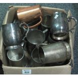 Box of assorted mainly pewter tankards, varying forms and sizes, copper tankard etc. (B.P.