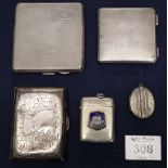 Two silver cigarette cases, a silver compact, a plated vesta case and a small white metal pendant.