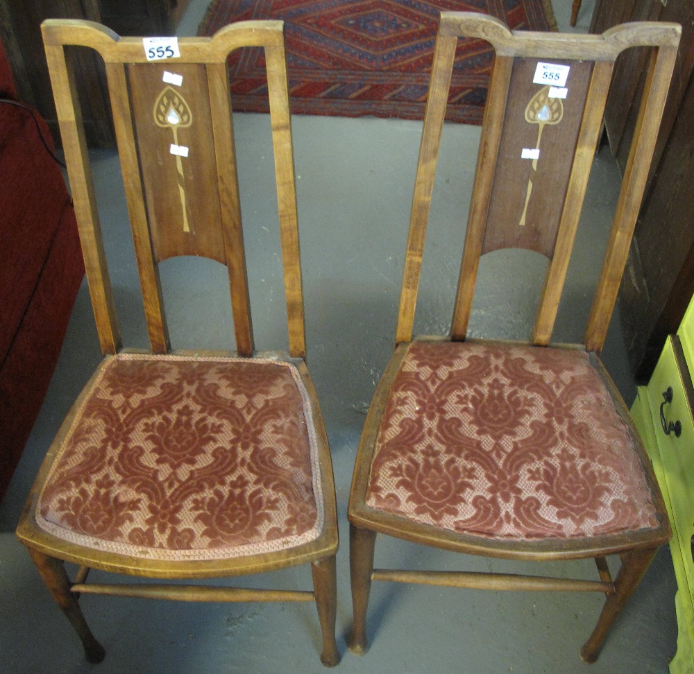 Pair of Edwardian mahogany bedroom chairs with Art Nouveau design on floral seats. (2) (B.P.