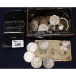 Small metal cash box containing assorted coins to include;