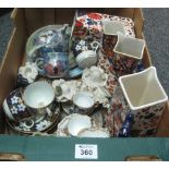 Box of assorted china to include; Imari design jugs, pottery bullet shaped teapot,