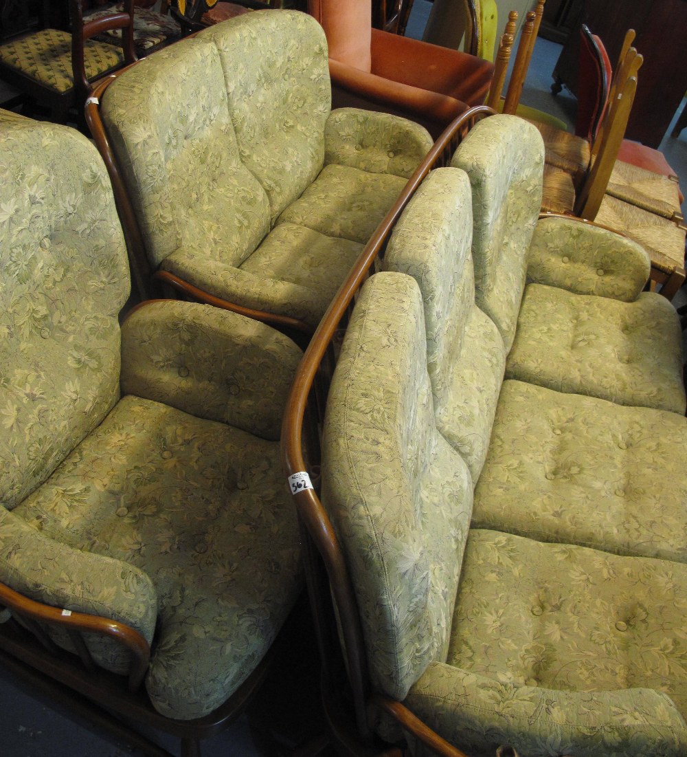 Ercol upholstered three piece suite on bentwood frame with gold label to include;