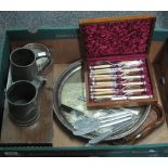 Box of assorted metalware to include; silver plated bottle coaster, loose plated cutlery,