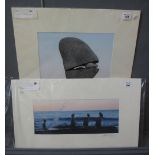 Adrian Gray, two unframed coloured photographs 'Bite' and 'Stone balancing',