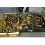 Two boxes of assorted metalware mainly brass to include; bedroom swivel mirror, companion items,