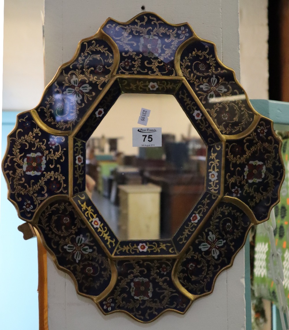 Pretty 20th Century lozenge shaped Isnik design gilded and floral decorated mirror. (B.P. 24% incl.